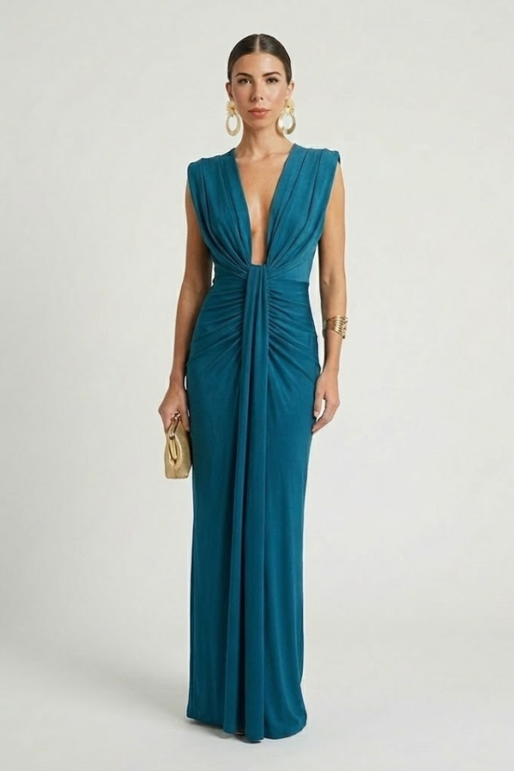 Women's Formal Dress | Maxi Deep V-Neck Sleeveless Pleated