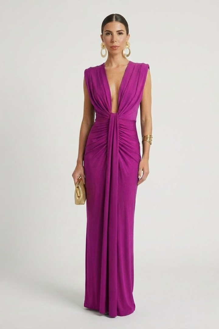Women's Formal Dress | Maxi Deep V-Neck Sleeveless Pleated