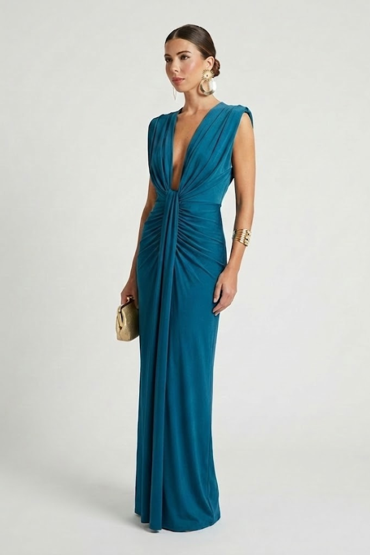 Women's Formal Dress | Maxi Deep V-Neck Sleeveless Pleated