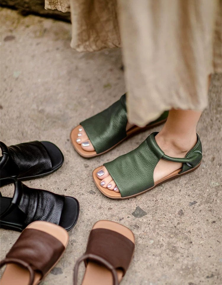 Women's Black Sandals | Open Toe Ankle Strap Flat Leather