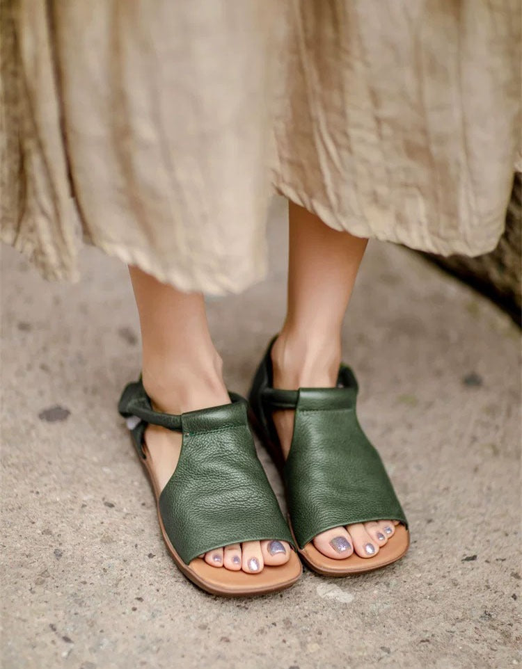 Women's Black Sandals | Open Toe Ankle Strap Flat Leather