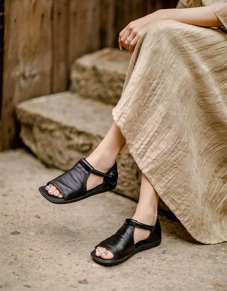 Women's Black Sandals | Open Toe Ankle Strap Flat Leather