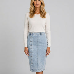 Women's Denim Skirt | Midi Length Button Front High Waist