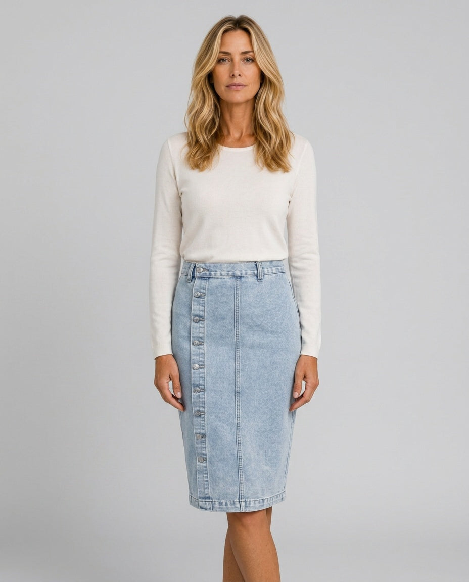 Women's Denim Skirt | Midi Length Button Front High Waist