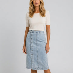 Women's Denim Skirt | Midi Length Button Front High Waist