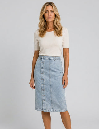 Women's Denim Skirt | Midi Length Button Front High Waist