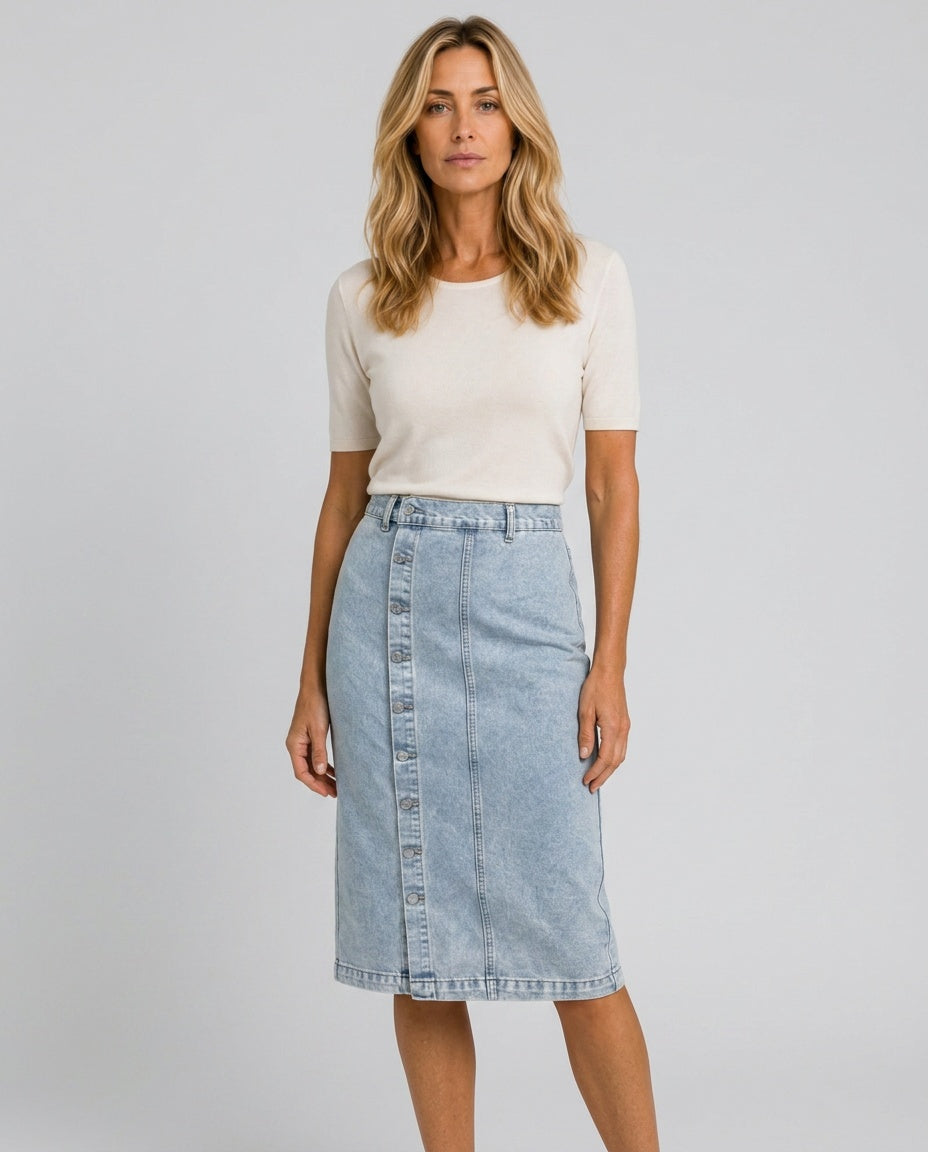 Women's Denim Skirt | Midi Length Button Front High Waist