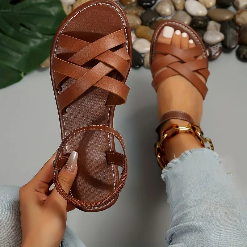 Women's Slide | Open Toe Ankle Strap Leather Flat