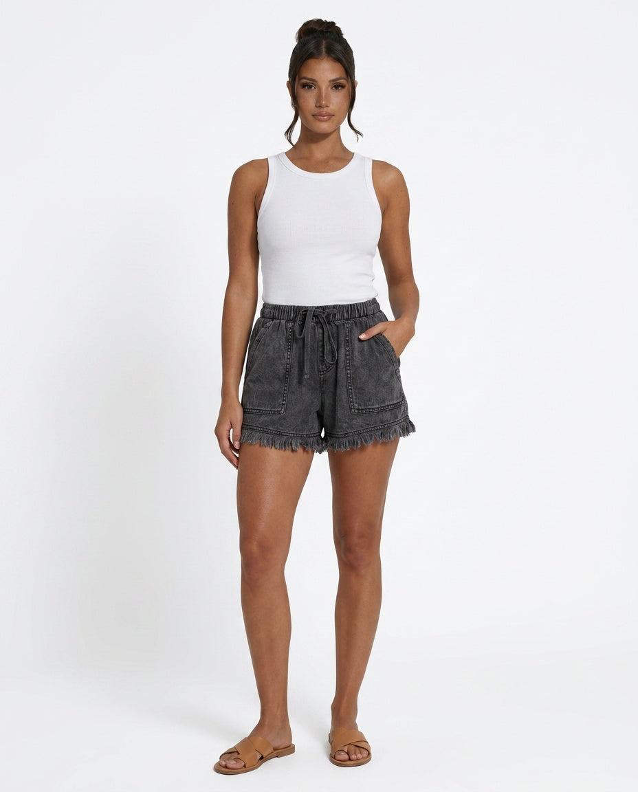 Women's Mini Shorts | Elastic Waist Raw Hem Denim