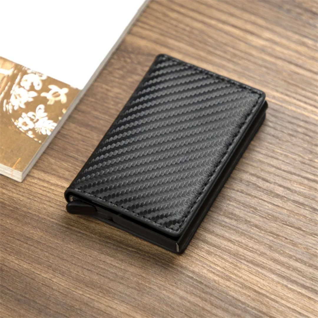 Brushed aluminum finish on a sleek, slim RFID men's wallet with a money clip.