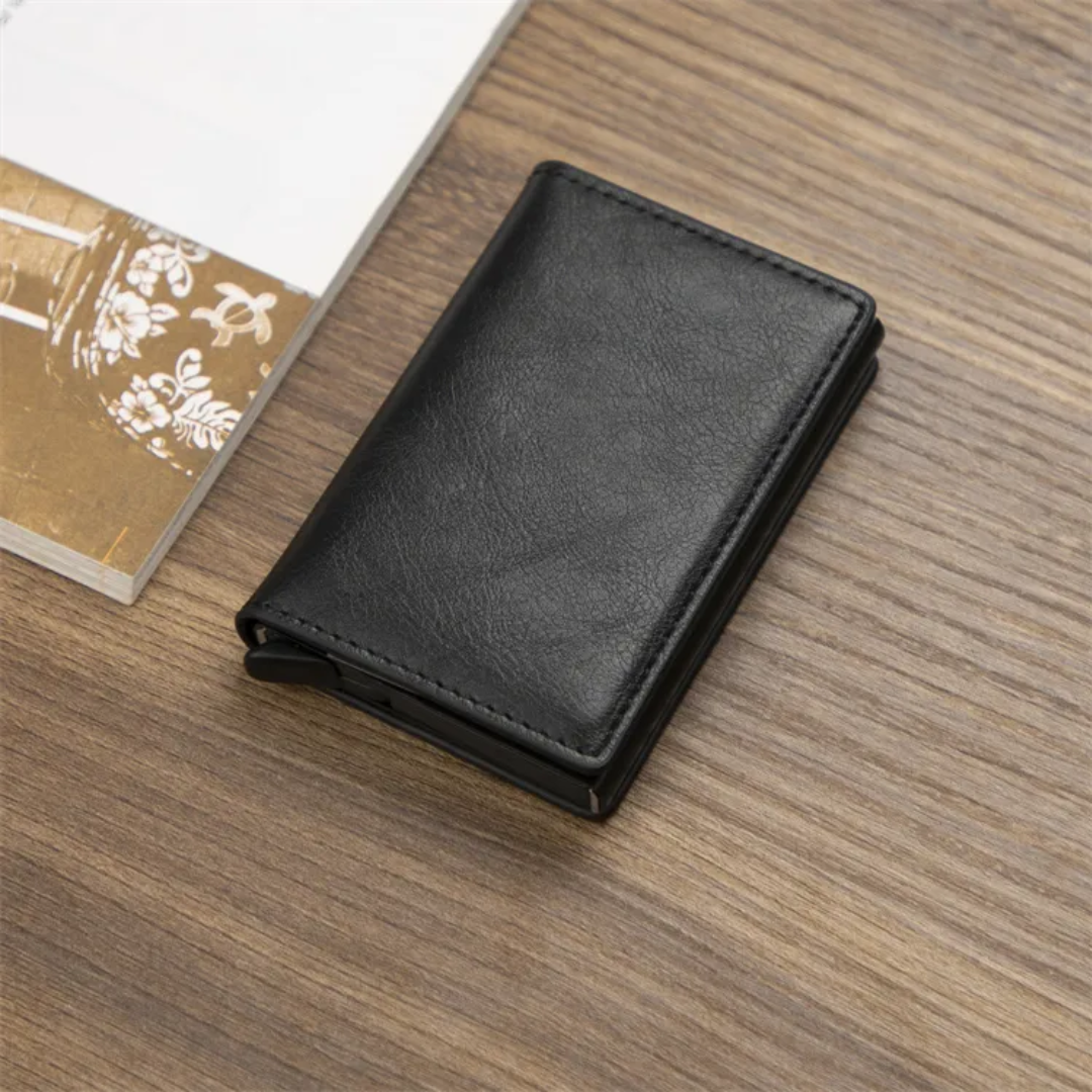 Durable aluminum men's minimalist wallet with RFID shield and a strong money clip.