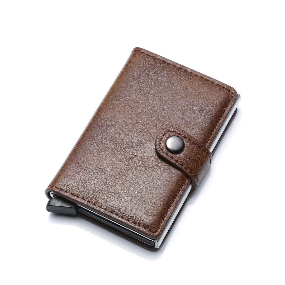 Secure aluminum RFID card protector wallet with an integrated money clip for men.