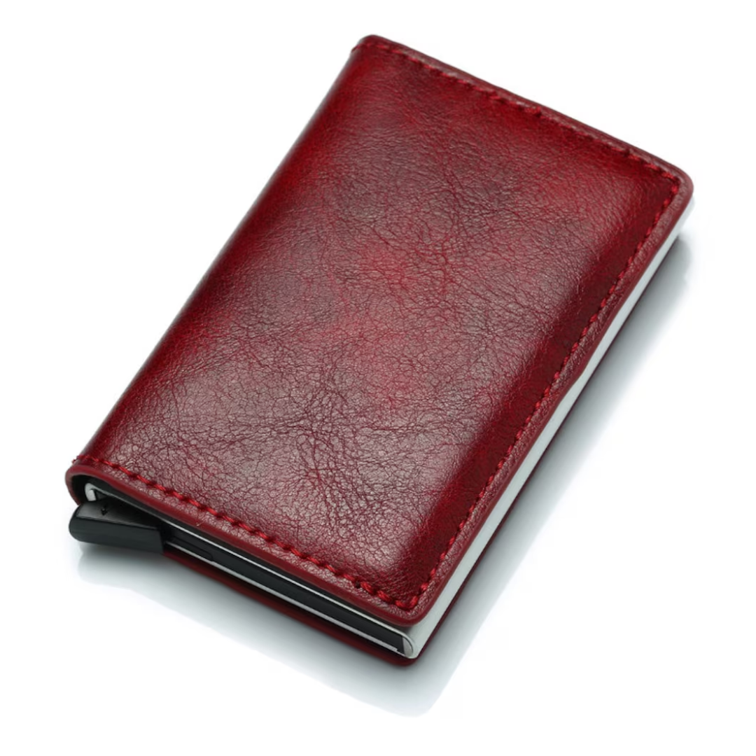 Compact travel-friendly aluminum RFID card holder wallet with a money clip.