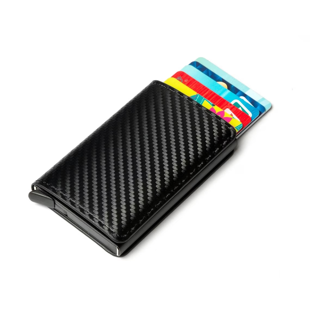 Front view of a closed aluminum RFID card holder wallet with a sturdy money clip.