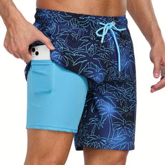 Men's blue tropical print drawstring swim shorts, perfect for beachwear & summer fun. Quick-dry men's swimwear.