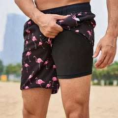 Stylish men's printed beach shorts with adjustable drawstring, ideal for poolside resort wear & vacation.
