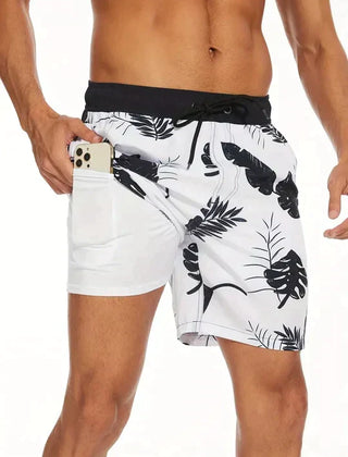 Front view of men's quick-dry printed swim shorts, featuring a comfortable drawstring waist for summer fashion.