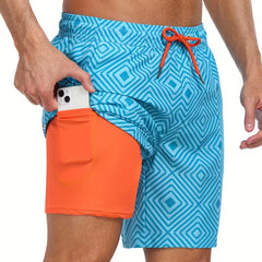 Men's multi-color printed drawstring swim shorts, offering ultimate comfort for summer activities and beach trips.