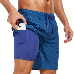 Men's tropical leaf print drawstring swim shorts. Versatile men's swimwear for resort, vacation, or summer fashion.