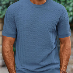 Versatile men's basic round neck tee, ideal for casual summer style. Soft feel stretch knit shirt.