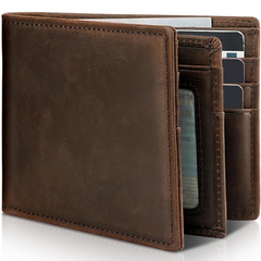 Men's genuine leather bifold wallet with RFID blocking. Slim design for cards & cash, secure.