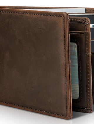 Men's genuine leather bifold wallet with RFID blocking. Slim design for cards & cash, secure.