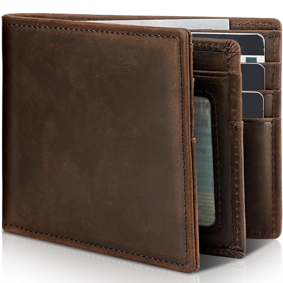 Men's genuine leather bifold wallet with RFID blocking. Slim design for cards & cash, secure.