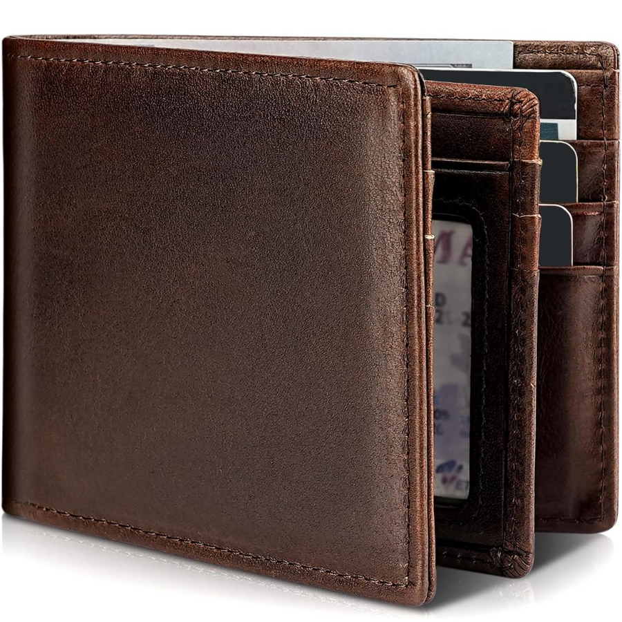 Premium genuine leather men's wallet, RFID blocking for data security. Classic bifold style.