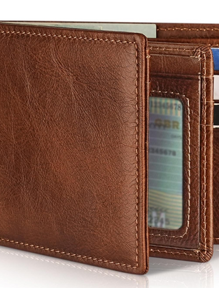 Durable men's genuine leather bifold wallet, RFID protected for daily security. Slim & practical.