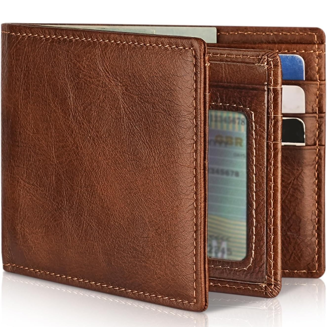 Durable men's genuine leather bifold wallet, RFID protected for daily security. Slim & practical.