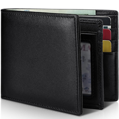 RFID blocking men's bifold wallet in genuine leather. Secure slots for cards & dedicated cash pocket.
