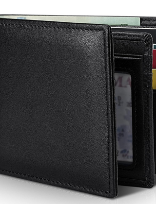 RFID blocking men's bifold wallet in genuine leather. Secure slots for cards & dedicated cash pocket.