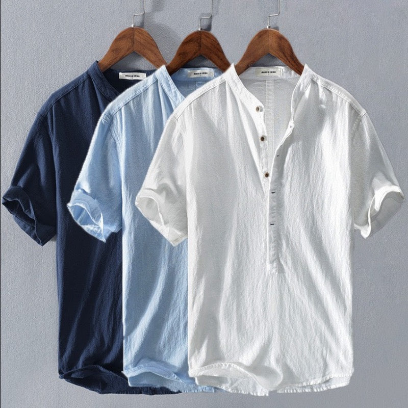 Breathable men's button-up summer shirt, a lightweight short-sleeve top for casual wear & holiday outfits.