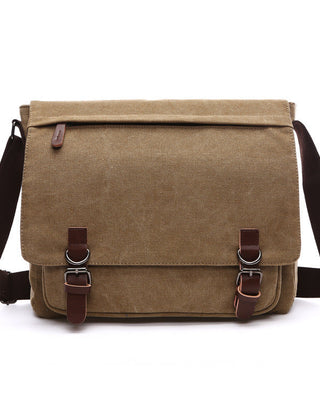 Men's rugged canvas shoulder bag in a natural tone, showcasing its durable texture and versatile design for daily use.