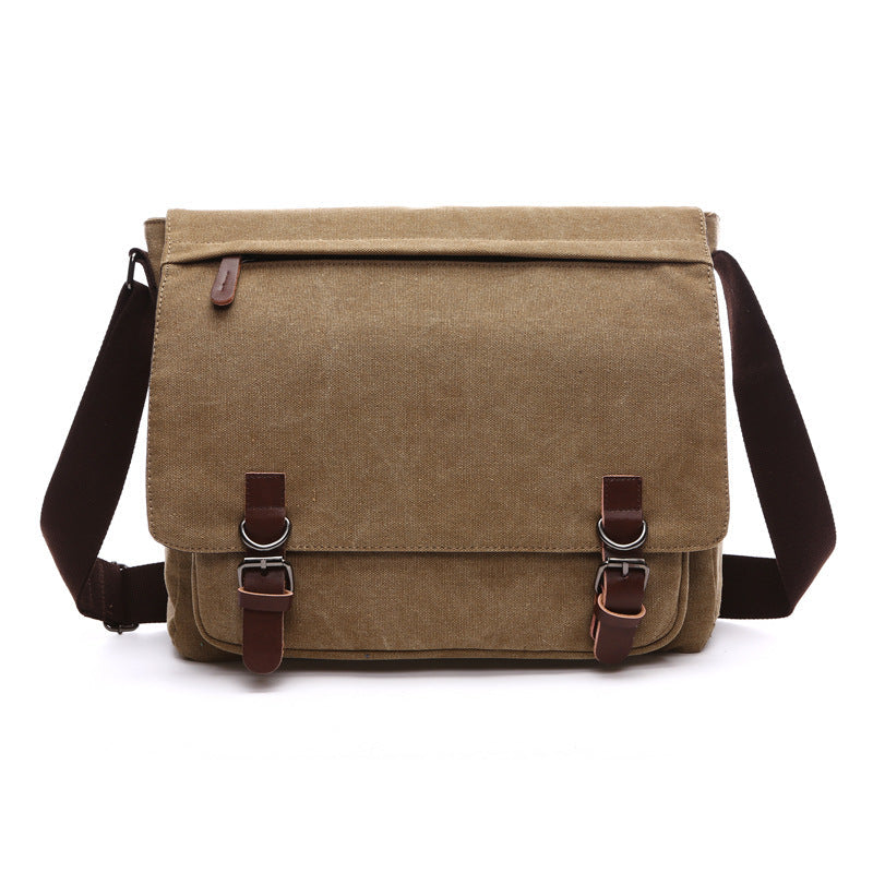 Men's rugged canvas shoulder bag in a natural tone, showcasing its durable texture and versatile design for daily use.