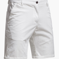 Close-up of fabric on men's smart casual chino shorts. Highlighting quality, comfort & tailored fit.