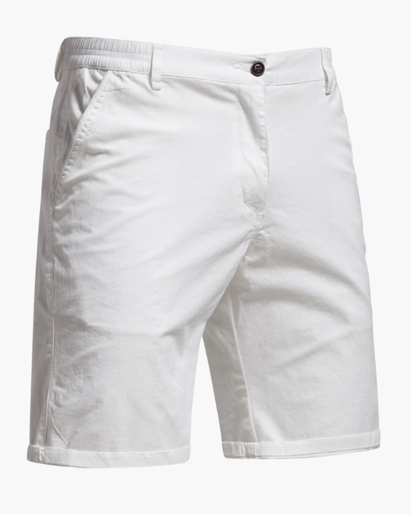 Close-up of fabric on men's smart casual chino shorts. Highlighting quality, comfort & tailored fit.