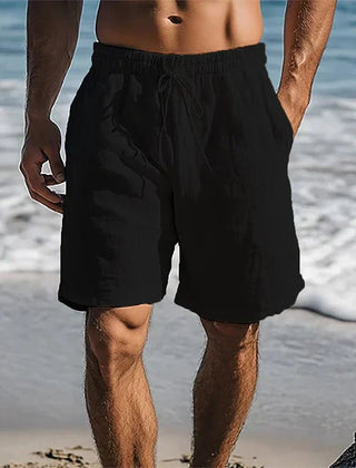 Men's Black Linen Quick-Dry Drawstring Swim Shorts - Black