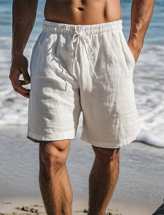 Men's Black Linen Quick-Dry Drawstring Swim Shorts - White