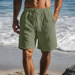Men's Black Linen Quick-Dry Drawstring Swim Shorts - Dark Green