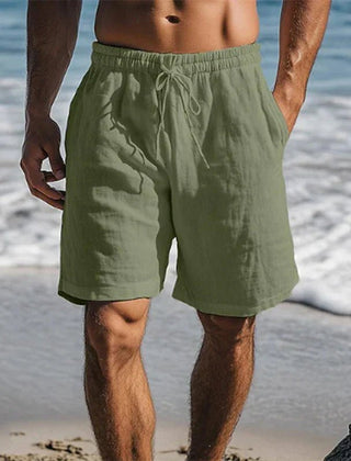 Men's Black Linen Quick-Dry Drawstring Swim Shorts - Dark Green