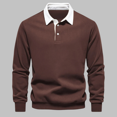 Men's Long-Sleeve Polo Shirt | Contrast Collar Button Closure