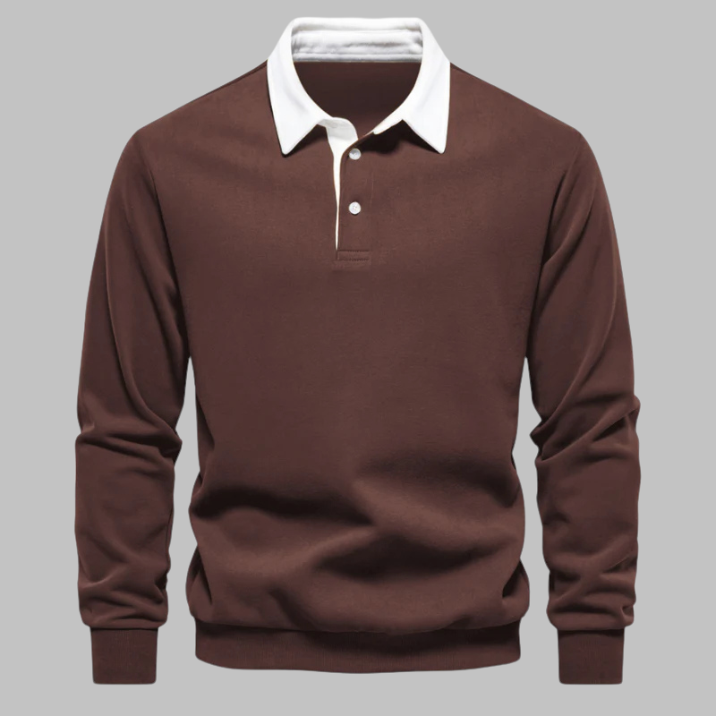 Men's Long-Sleeve Polo Shirt | Contrast Collar Button Closure