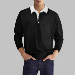 Men's Long-Sleeve Polo Shirt | Contrast Collar Button Closure