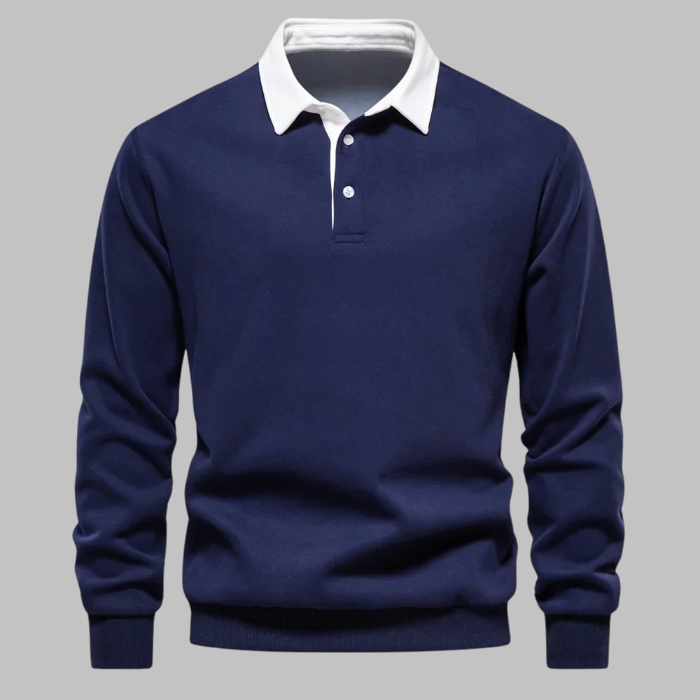 Men's Long-Sleeve Polo Shirt | Contrast Collar Button Closure