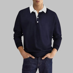 Men's Long-Sleeve Polo Shirt | Contrast Collar Button Closure