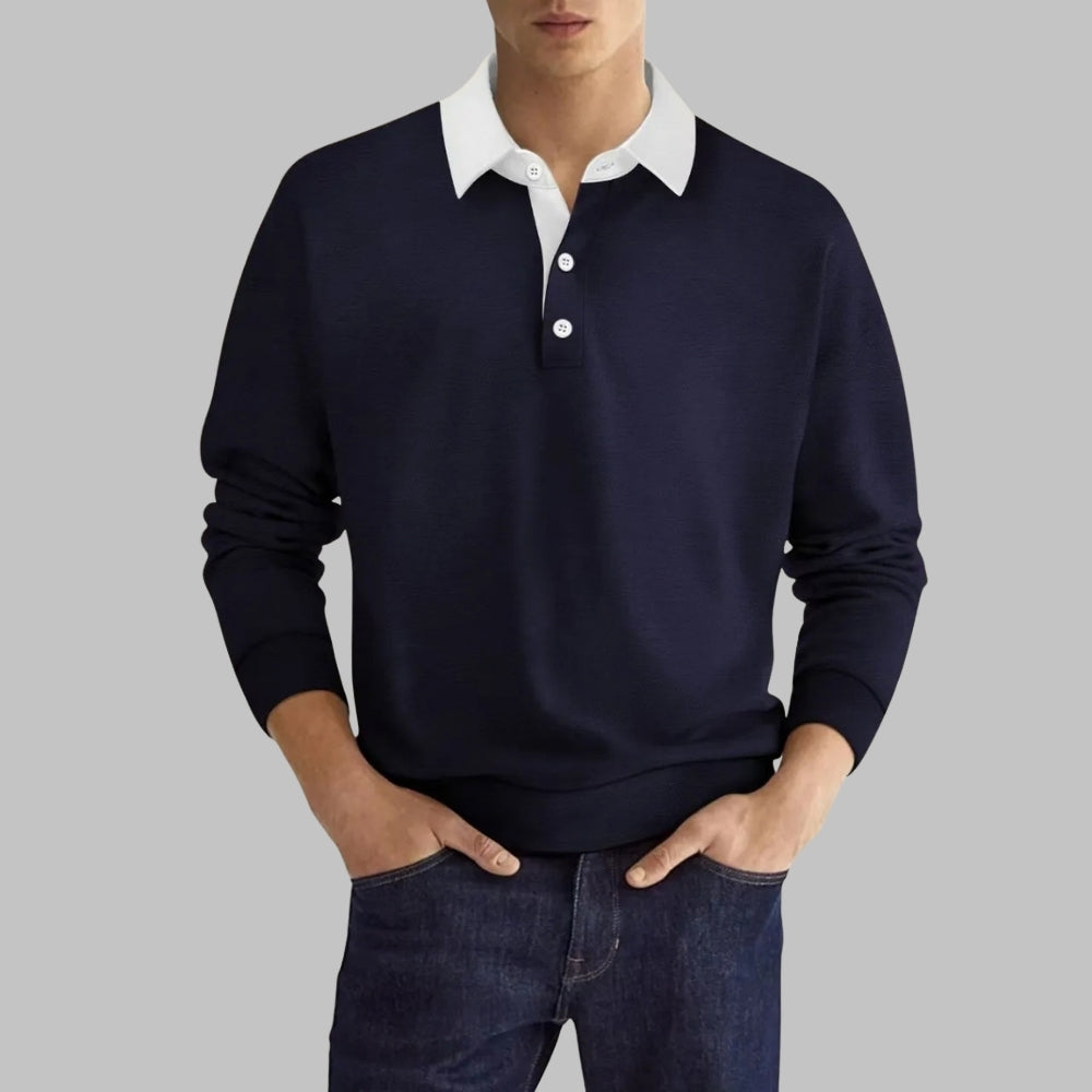 Men's Long-Sleeve Polo Shirt | Contrast Collar Button Closure