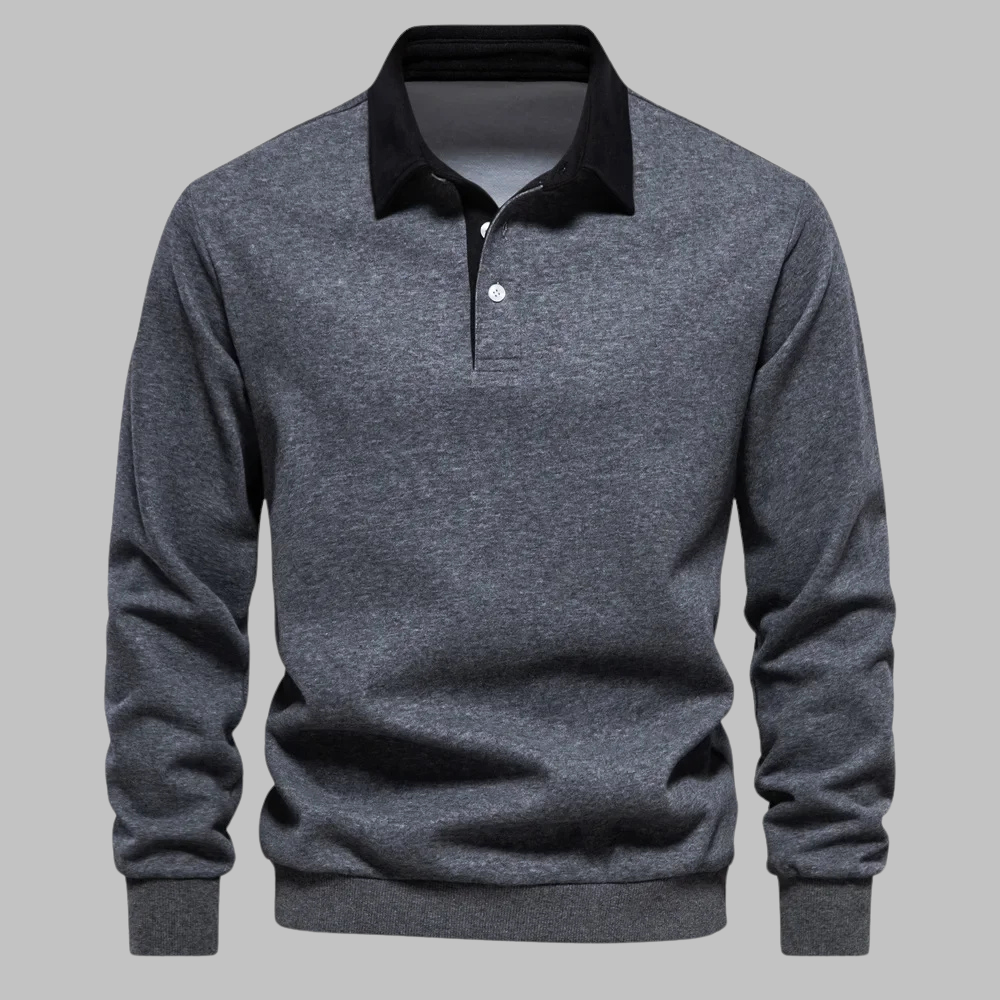 Men's Long-Sleeve Polo Shirt | Contrast Collar Button Closure