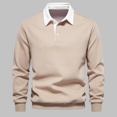 Men's Long-Sleeve Polo Shirt | Contrast Collar Button Closure