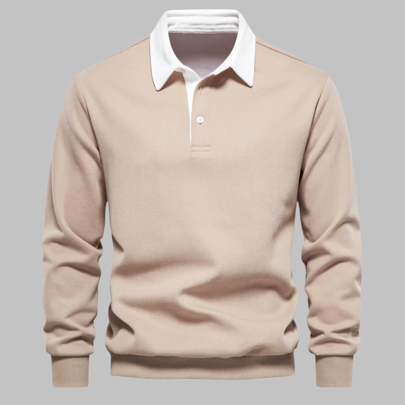 Men's Long-Sleeve Polo Shirt | Contrast Collar Button Closure